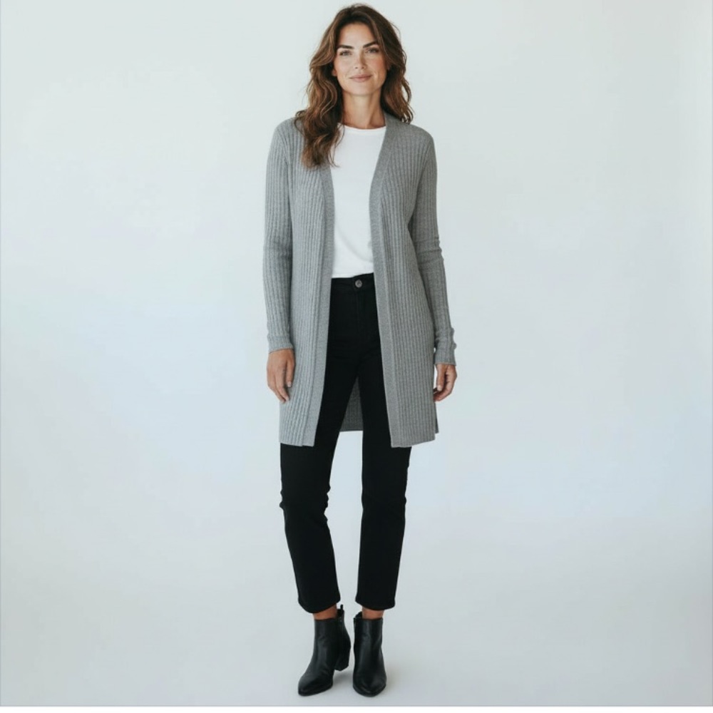 TALBOTS Ribbed Duster Grey Longline Lagenlook Cardigan Size MP